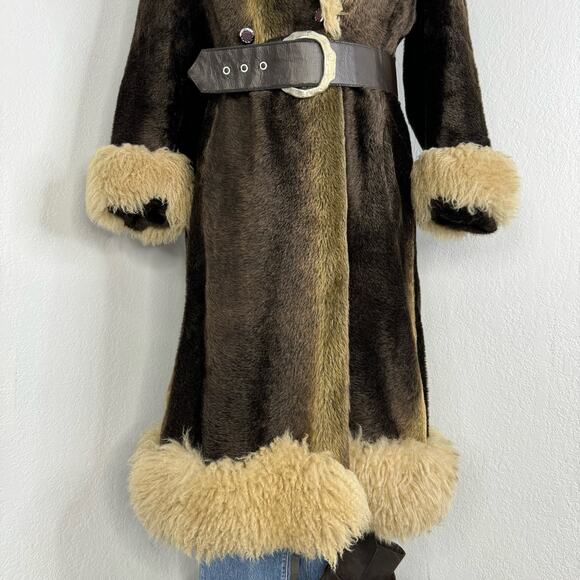 Vintage 1970s Penny Lane Long Brown Coat Faux Fur Size XS-Small - Picture 4 of 8